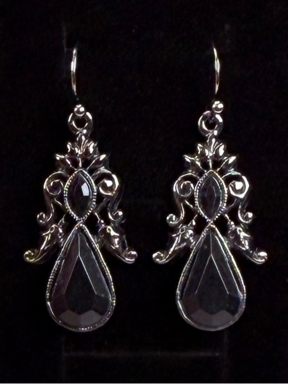 Vintage antique style, black gunmetal pierced dangle earrings
